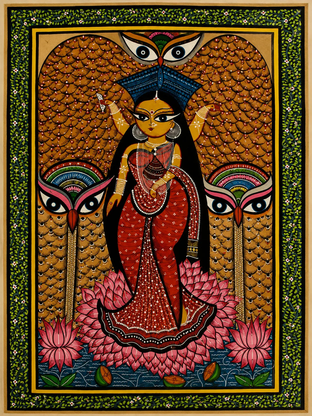 Goddess Laxmi  Standing on Lotus with Owls in Pattachitra by Chandan Chitrakar