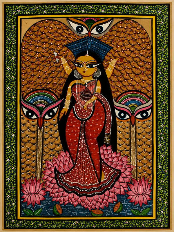 Goddess Laxmi  Standing on Lotus with Owls in Pattachitra by Chandan Chitrakar