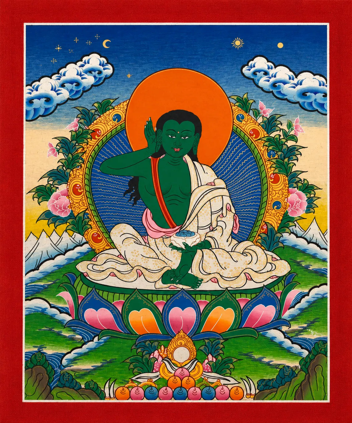 Green Tara thangka painting with lotus throne, celestial sky, and ornate border — traditional Buddhist art - 100% Authentic Heritage Art by Avyaan