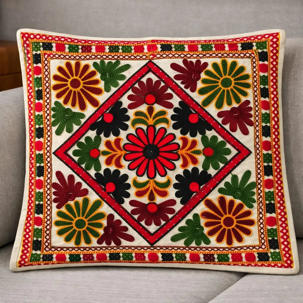 Floral Hand-Embroidered Cotton Cushion Cover Set of 5