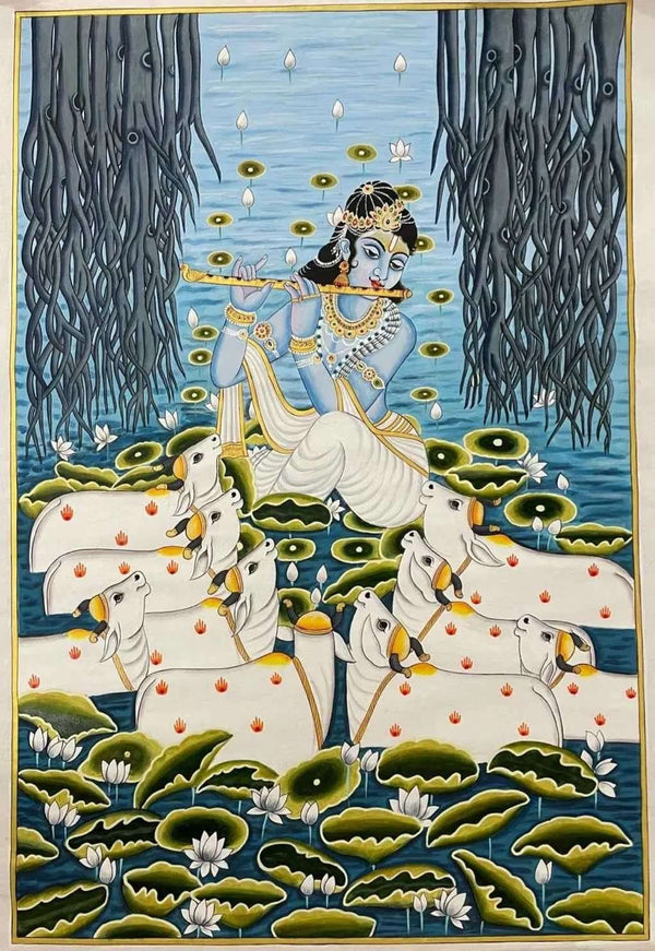 Muralidhar – Melody of the Lotus Pond in Pichwai Painting by Diwakar Sharma