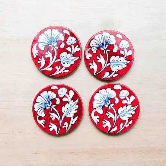 Handcrafted Blue Pottery Coasters (Set of 6) Red