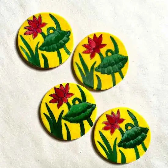 Handcrafted Blue Pottery Coasters (Set of 6) Yellow Green