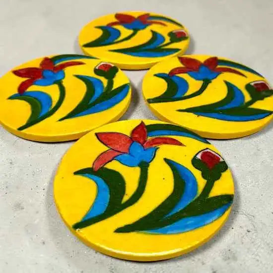 Handcrafted Blue Pottery Coasters (Set of 6) Yellow