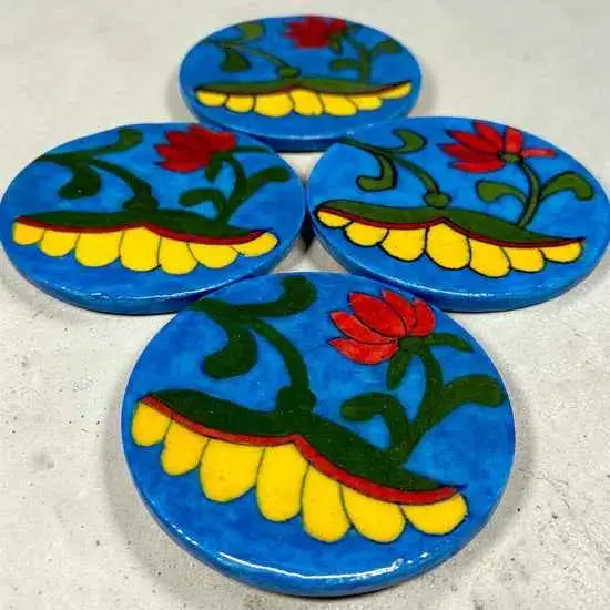 Handcrafted Blue Pottery Coasters (Set of 6) Blue Yellow