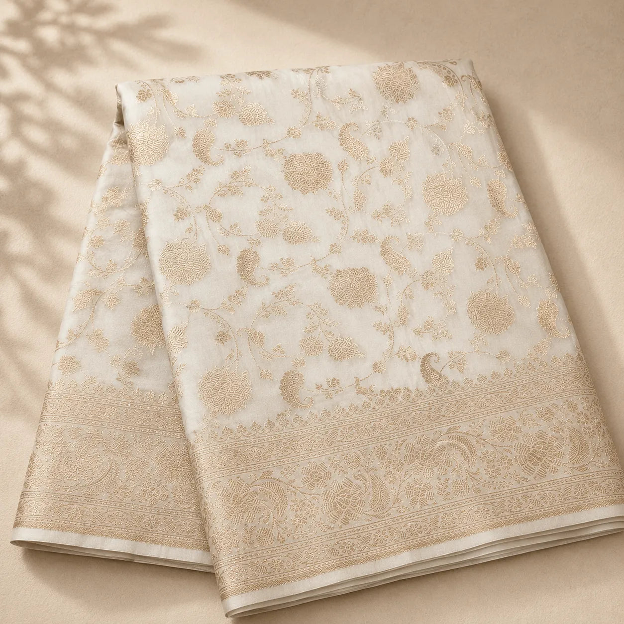 Ivory Banarasi Saree with Floral Zari & Paisley Motifs