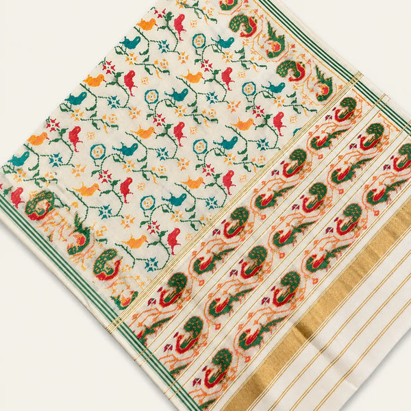 Ivory Peacock Garden Patola Saree