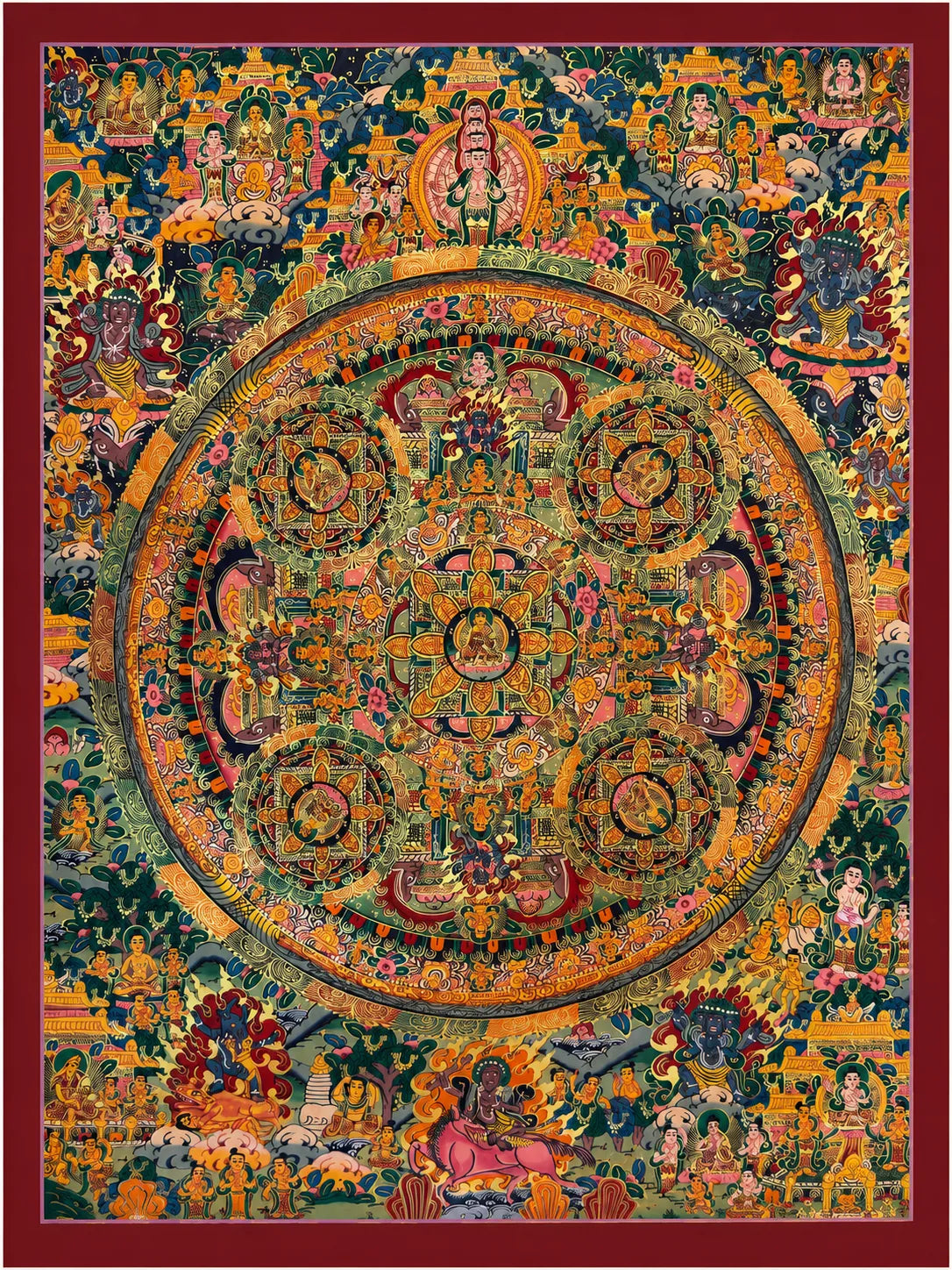 Vibrant Tibetan Buddhist thangka painting with intricate mandala, deities, and symbolic motifs, handcrafted traditional art.