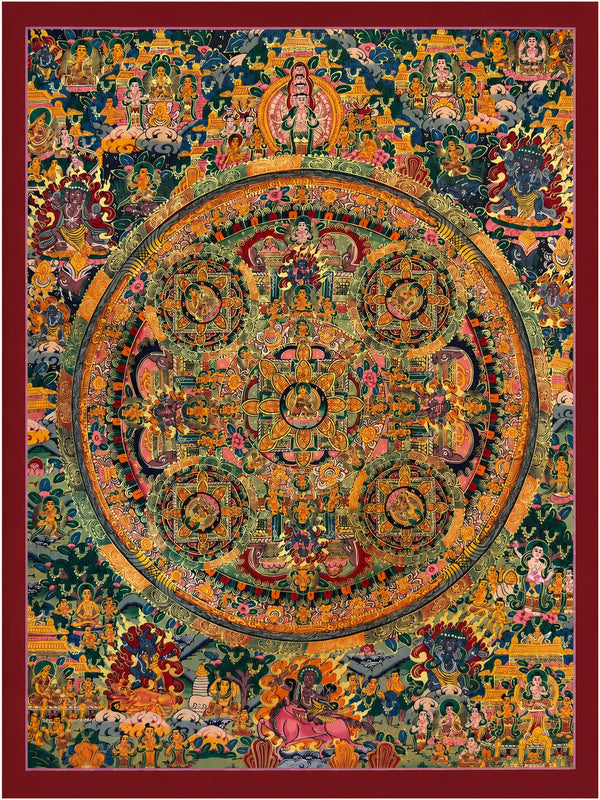 Vibrant Tibetan Buddhist thangka painting with intricate mandala, deities, and symbolic motifs, handcrafted traditional art.