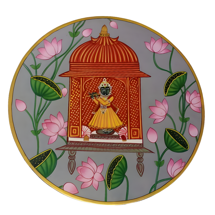 Decorative plate with a traditional design of a pavilion and lotus flowers on a gray background_ Krishna's symhone_pichwai plate