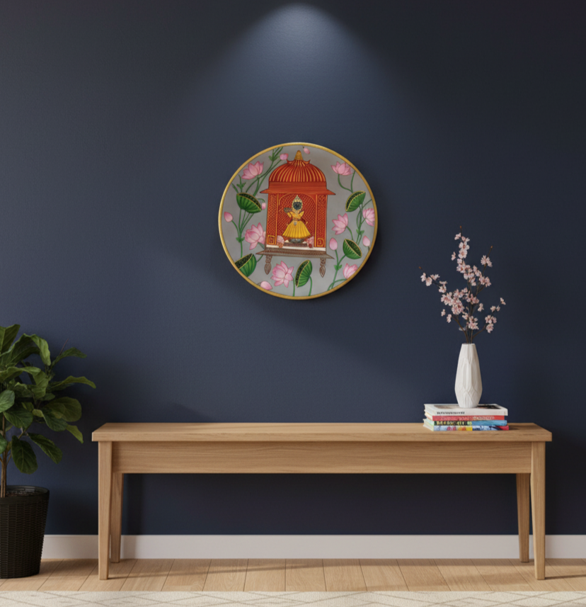 Decorative wall plate with floral and birdcage design_Krishna_s_symphony