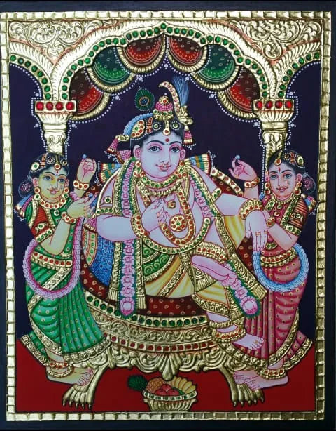 Decorative painting of a central figure with two attendants, framed with intricate designs. Lord Krishna (Bala Krishna / Venugopal form) tanjore painting 