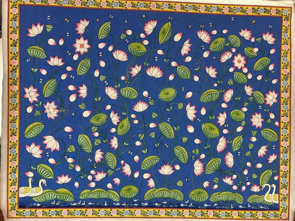 Lotus Symphony with Sacred Swans in Pichwai Painting by Diwakar Sharma