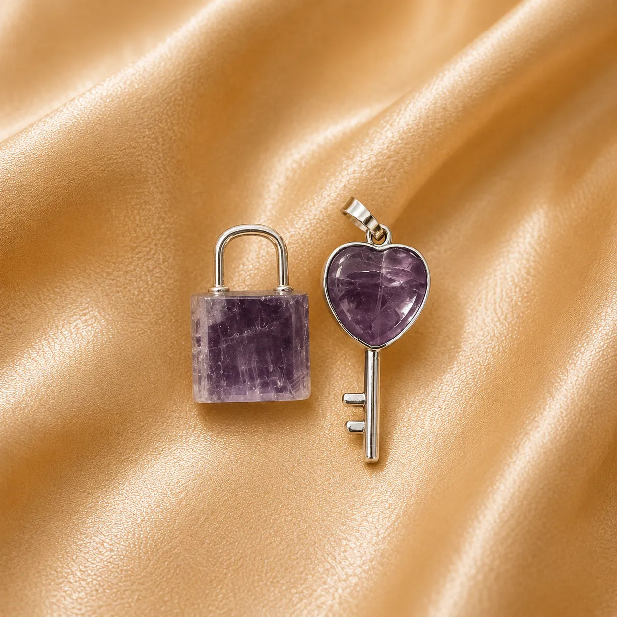 Amethyst Lock & Key Pendant Set