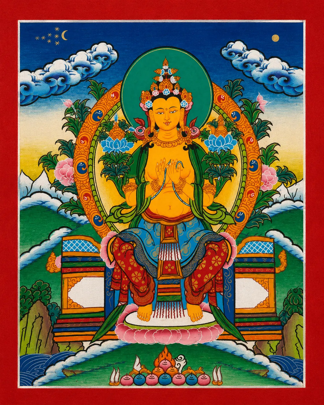 Hand-painted Green Tara thangka with lotus throne, floral halo, and mountain sky backdrop