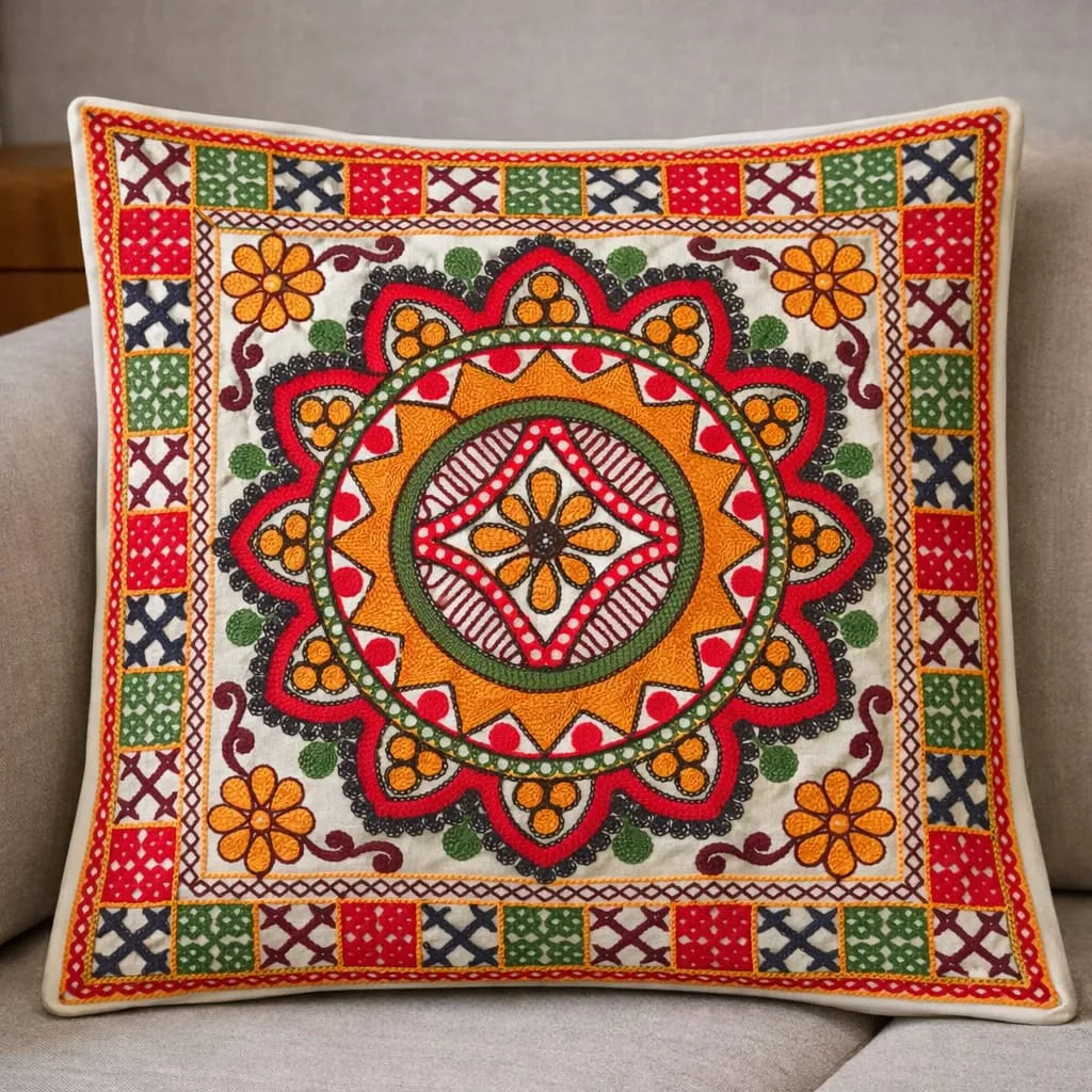 Mandala Hand-Embroidered Cotton Cushion Cover Set of 5