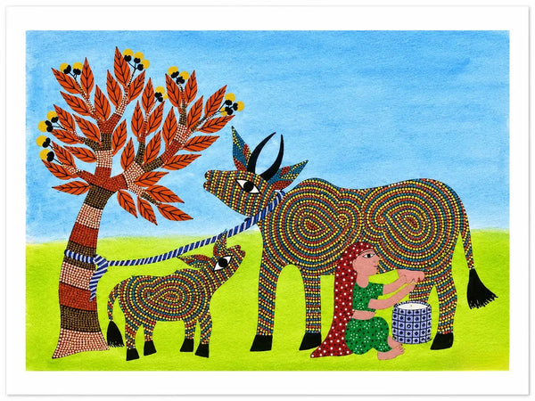 Milking Hour in Bhil Art Painting by Sunita Parmar