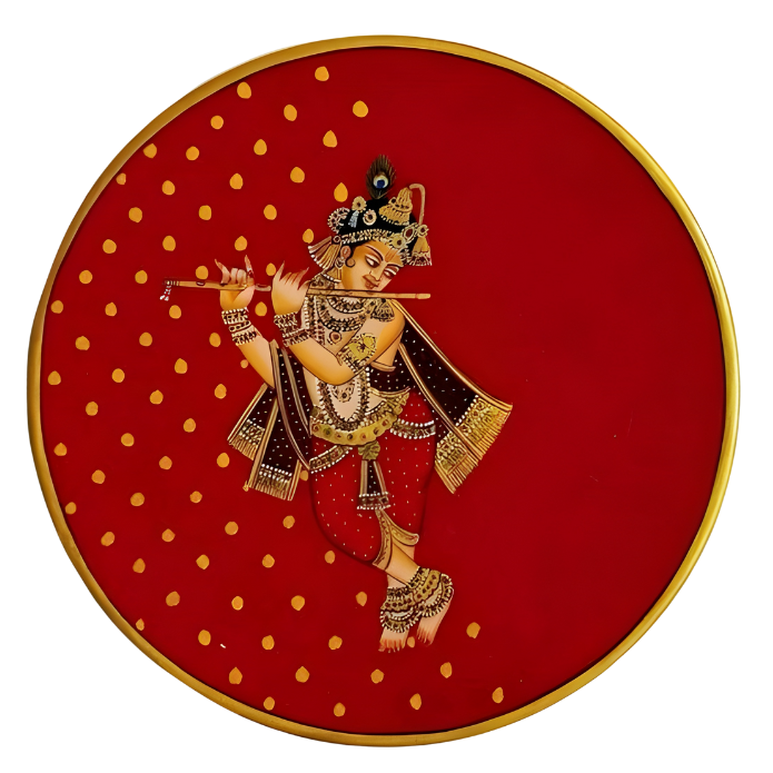 Decorative plate with a red background and gold border featuring an artistic depiction of a figure_Murlidhar Shyaam_pichwai plate