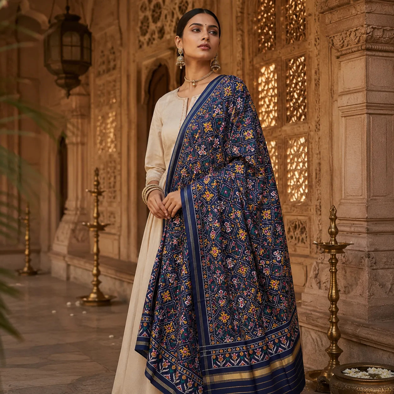 Navy Elephant & Butterfly Patola Dupatta