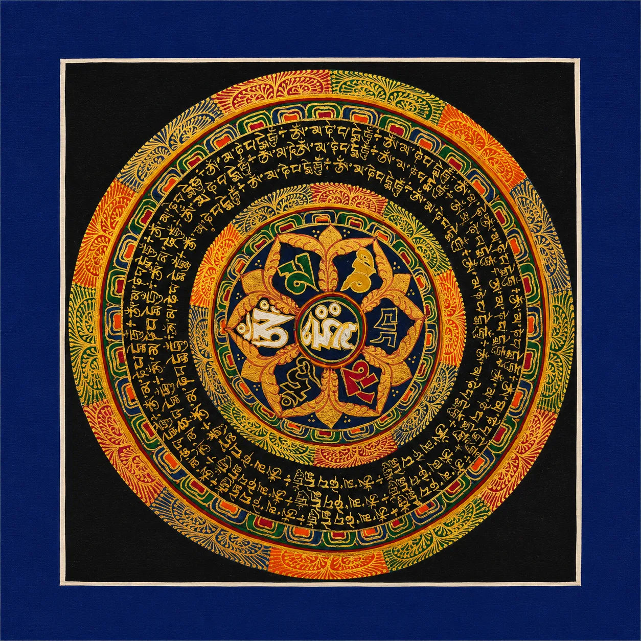 Handcrafted Tibetan Buddhist mandala wall art with intricate Sanskrit script and vibrant sacred symbols