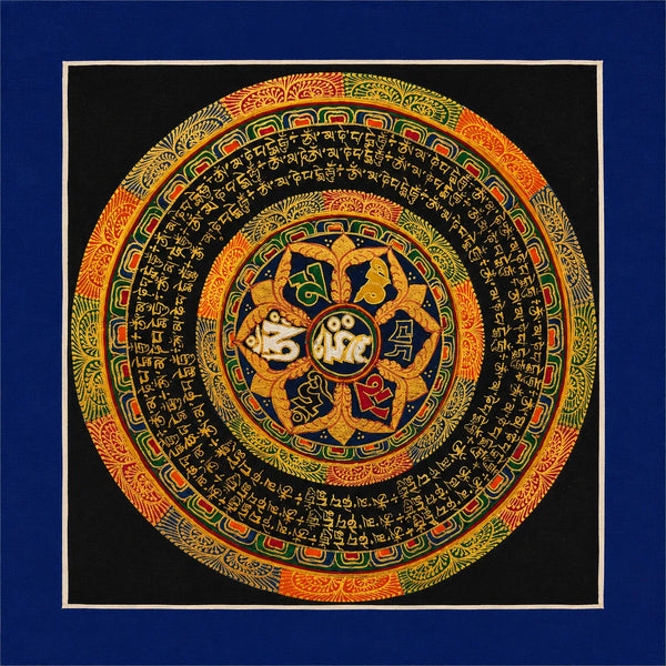 Handcrafted Tibetan Buddhist mandala wall art with intricate Sanskrit script and vibrant sacred symbols