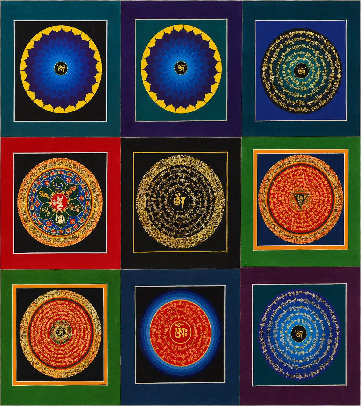 Nine colorful Tibetan mandala paintings with sacred symbols, handcrafted spiritual wall art