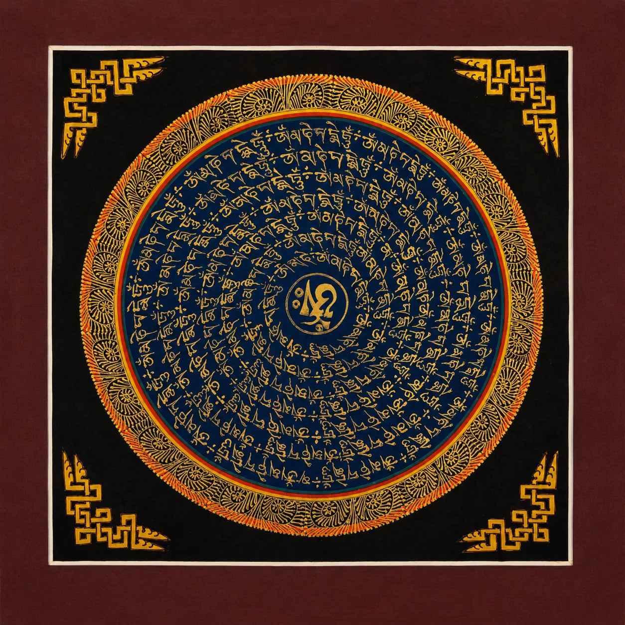 Handcrafted Tibetan mantra wall art with gold script on blue, black, and orange mandala design - 100% Authentic Heritage Art by Avyaan