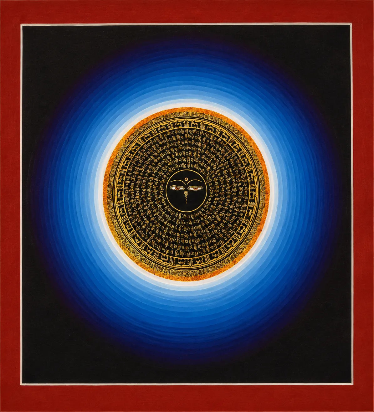 Hand-painted spiritual mandala wall art with sacred script and meditative eyes, framed in red