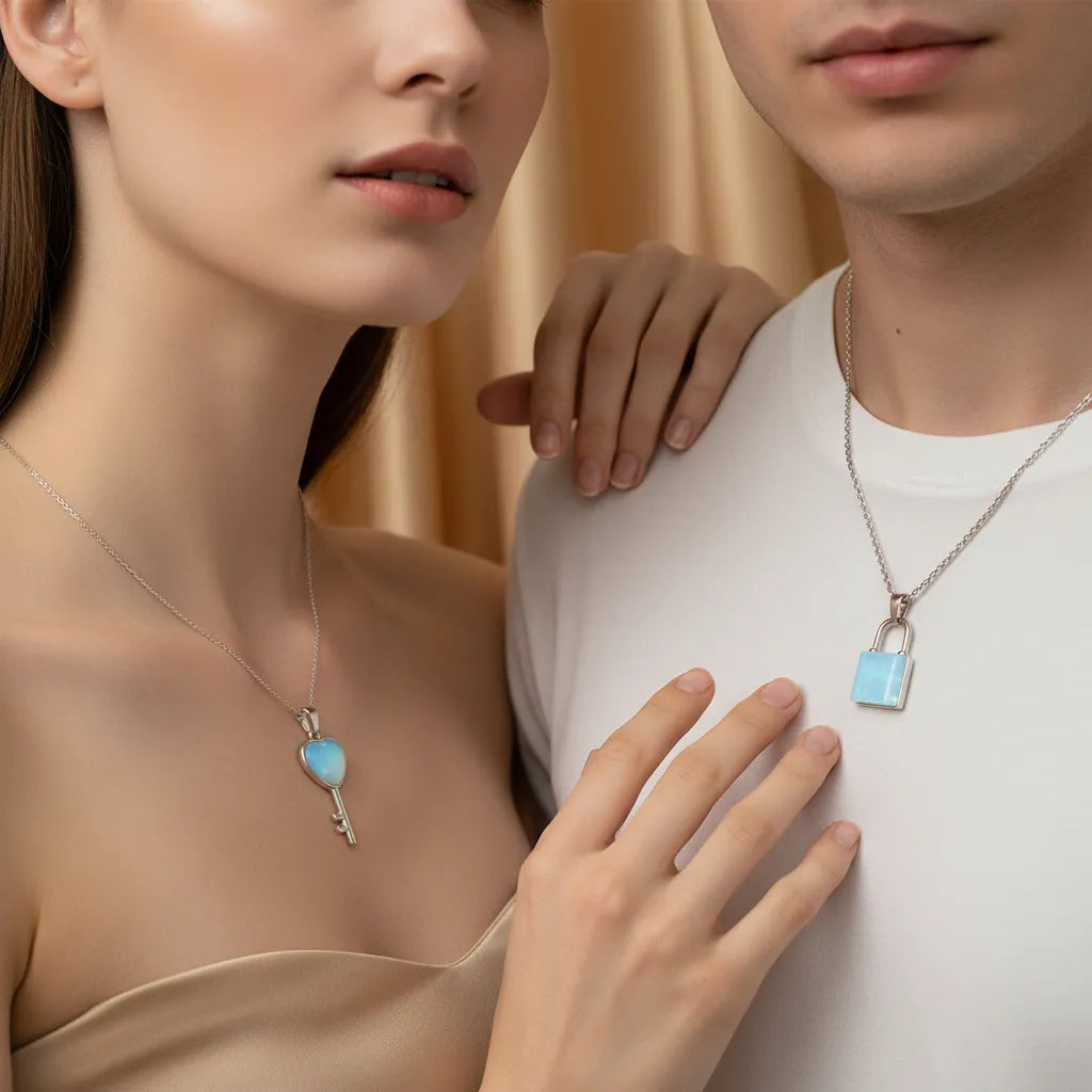 Opalite Lock & Key Pendant Set