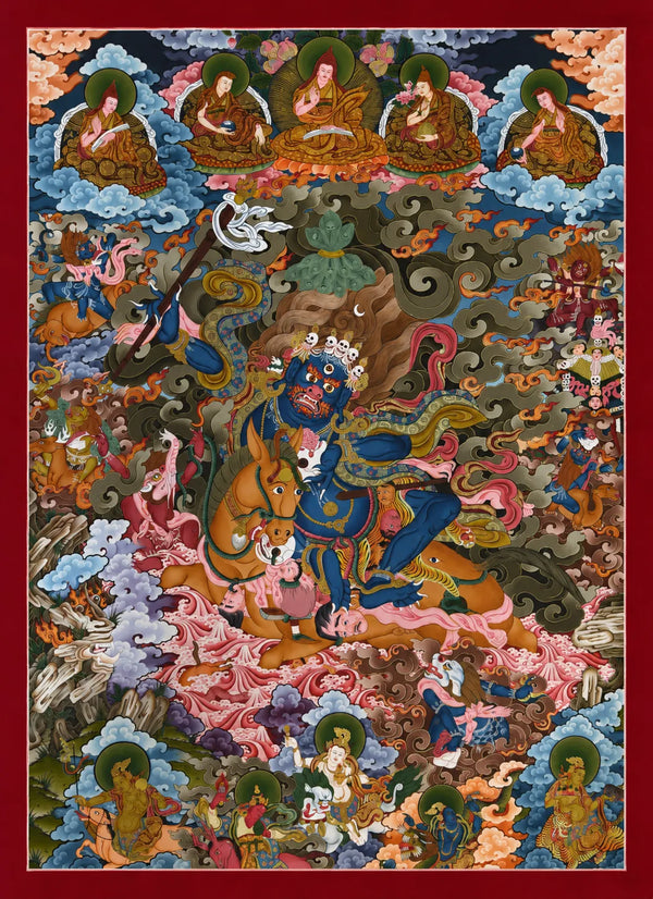 Hand-painted Tibetan thangka featuring wrathful deity on horse, surrounded by deities and clouds, traditional Buddhist art