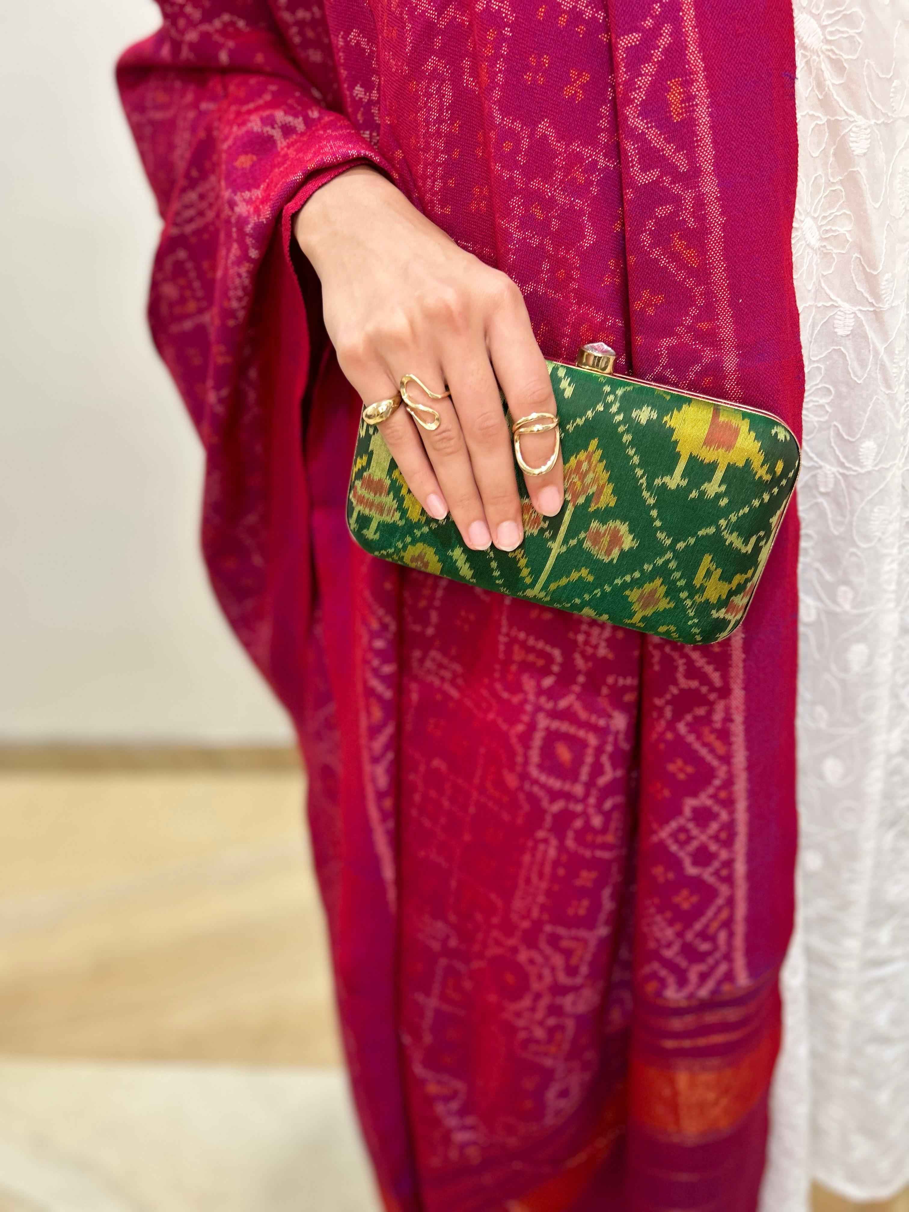 Patola pink shawl + green clutch