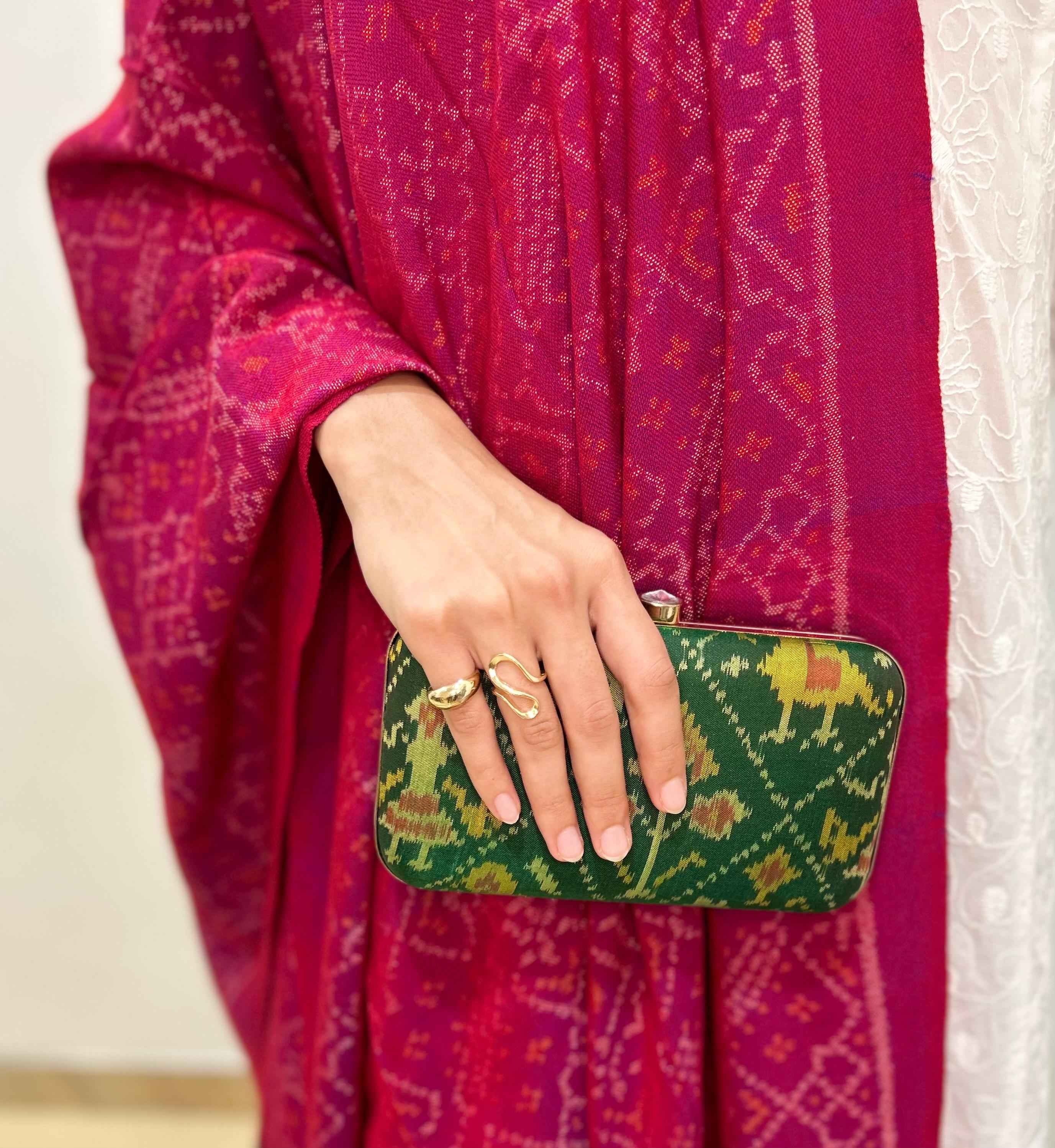 Patola pink shawl + green clutch