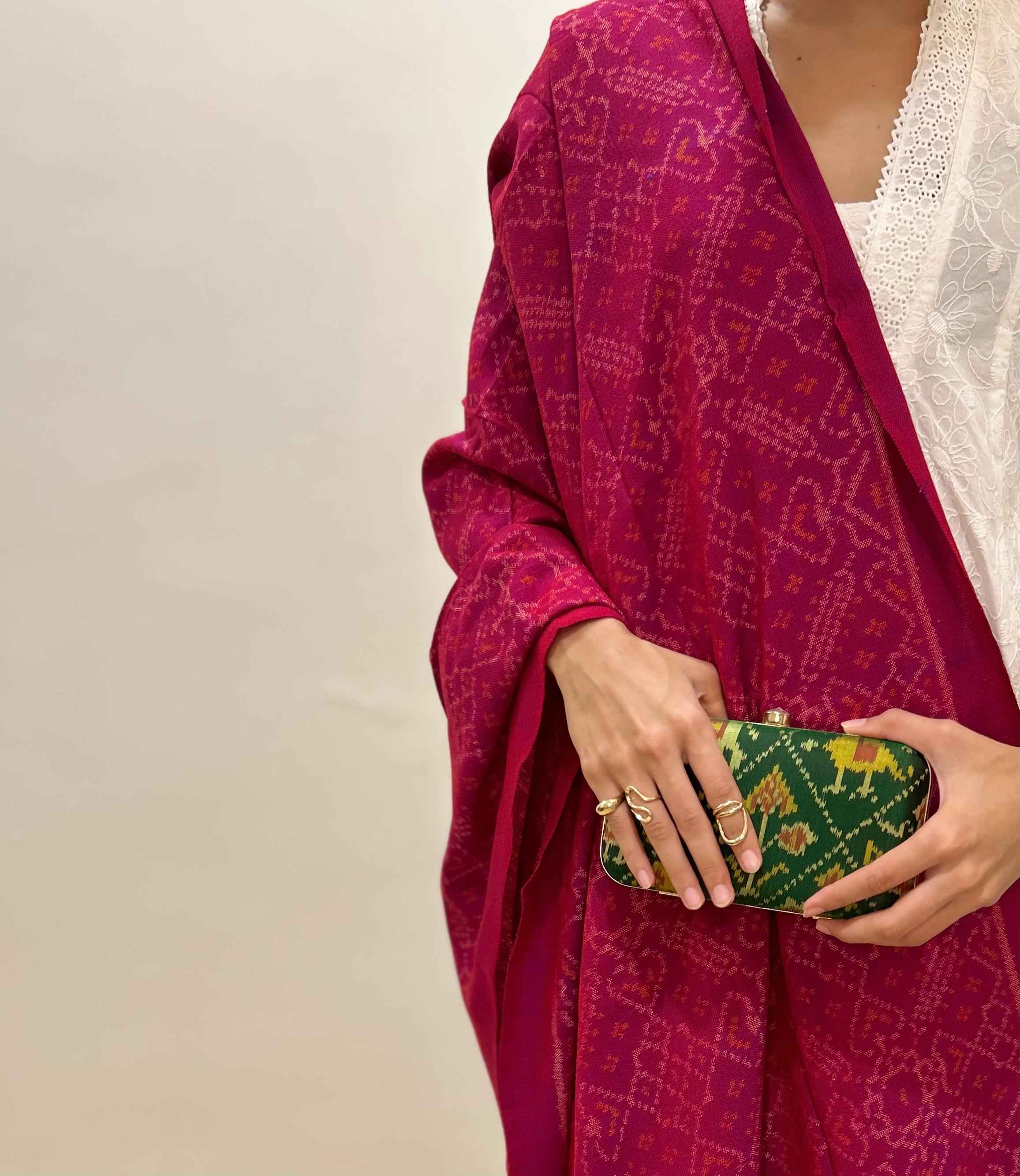 Patola pink shawl + green clutch