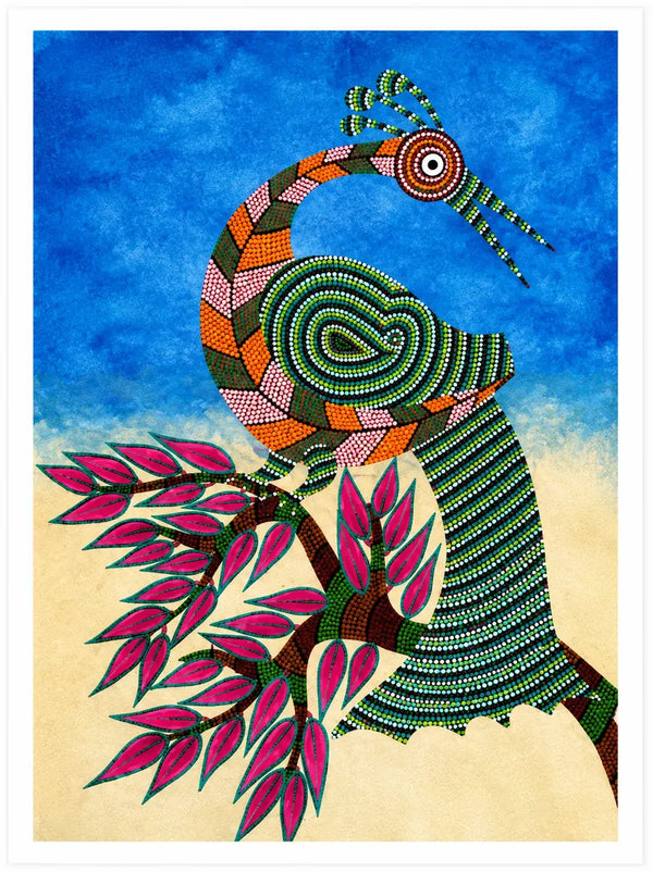Peacock Among Pink Blossoms in Bhil Art Painting by Sunita Parmar