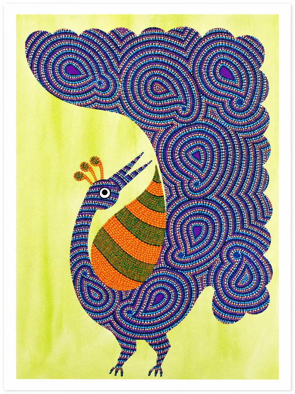 Peacock's Spiral Plumage — Authentic Bhil Art Peacock Painting