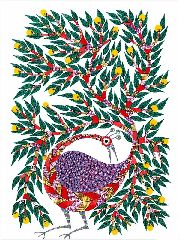 Bhil Art Peacock Painting — Peacock in Full Display