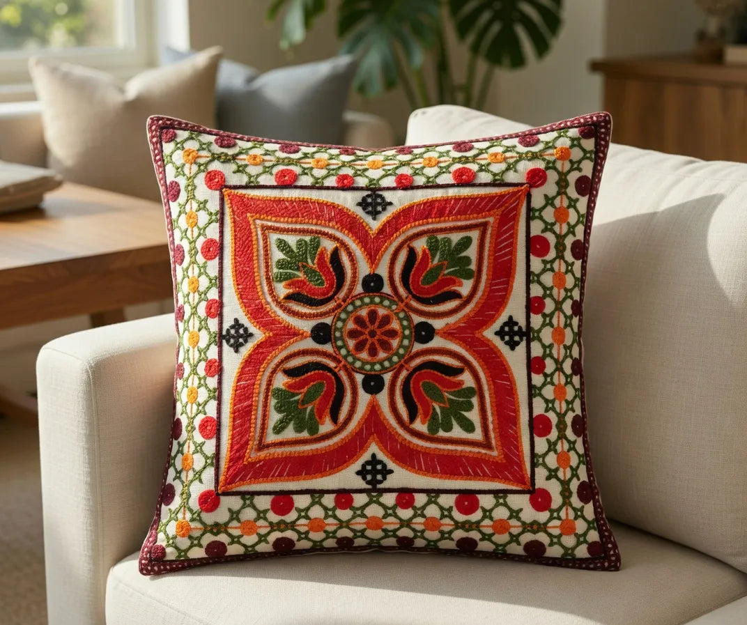 Petal Bloom Hand-Embroidered Cotton Cushion Cover Set of 5