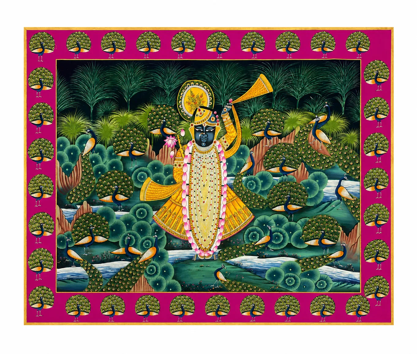 Colorful depiction of a deity in a natural setting with a pink border peacock pichwai 