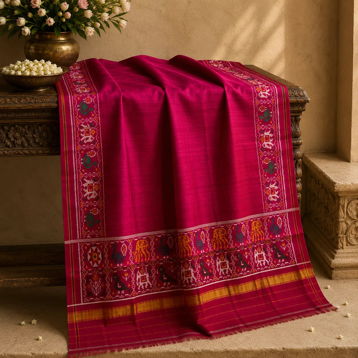 Pink Peacock Border Patola Dupatta