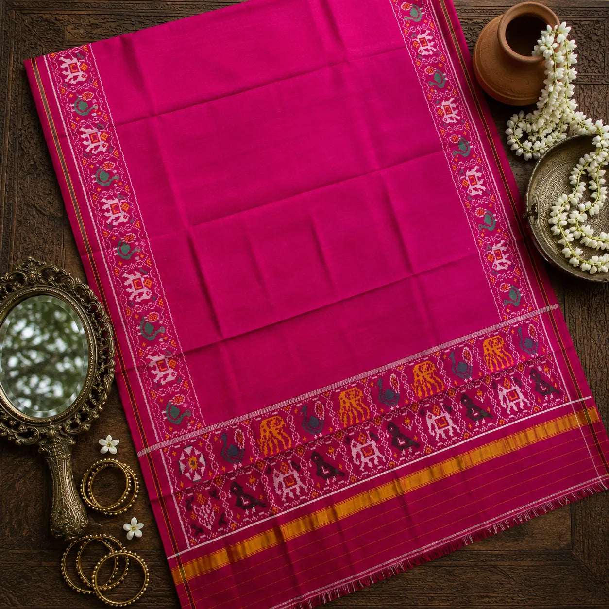Pink Peacock Border Patola Dupatta