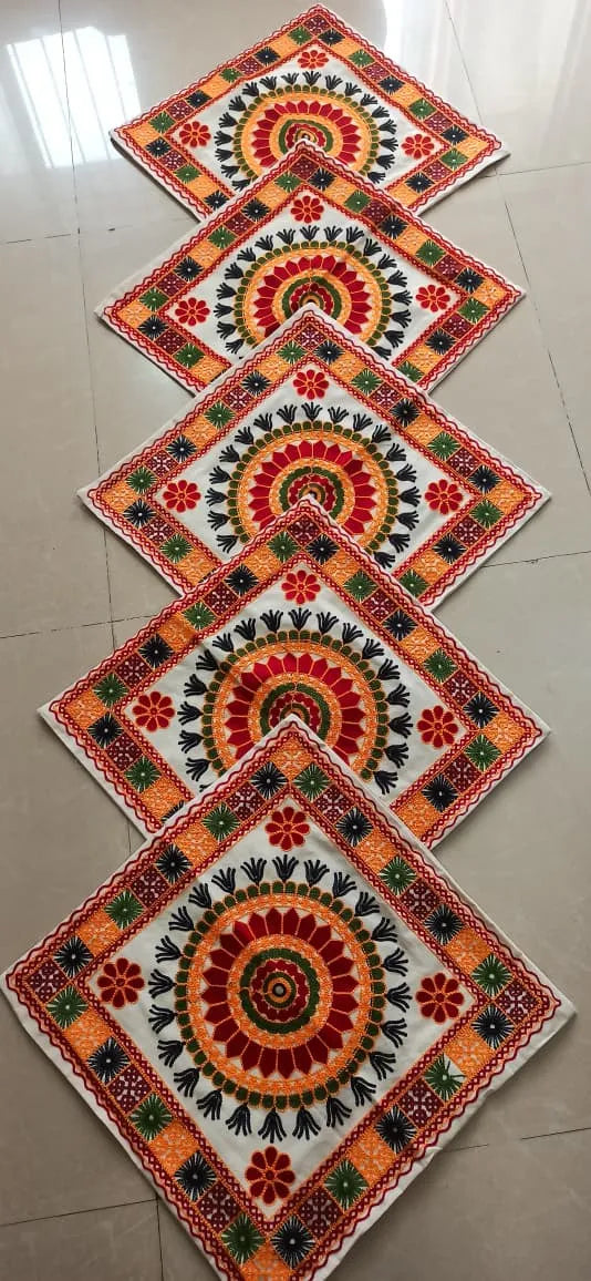 Radiant Mandala Hand-Embroidered Cotton Cushion Cover Set of 5