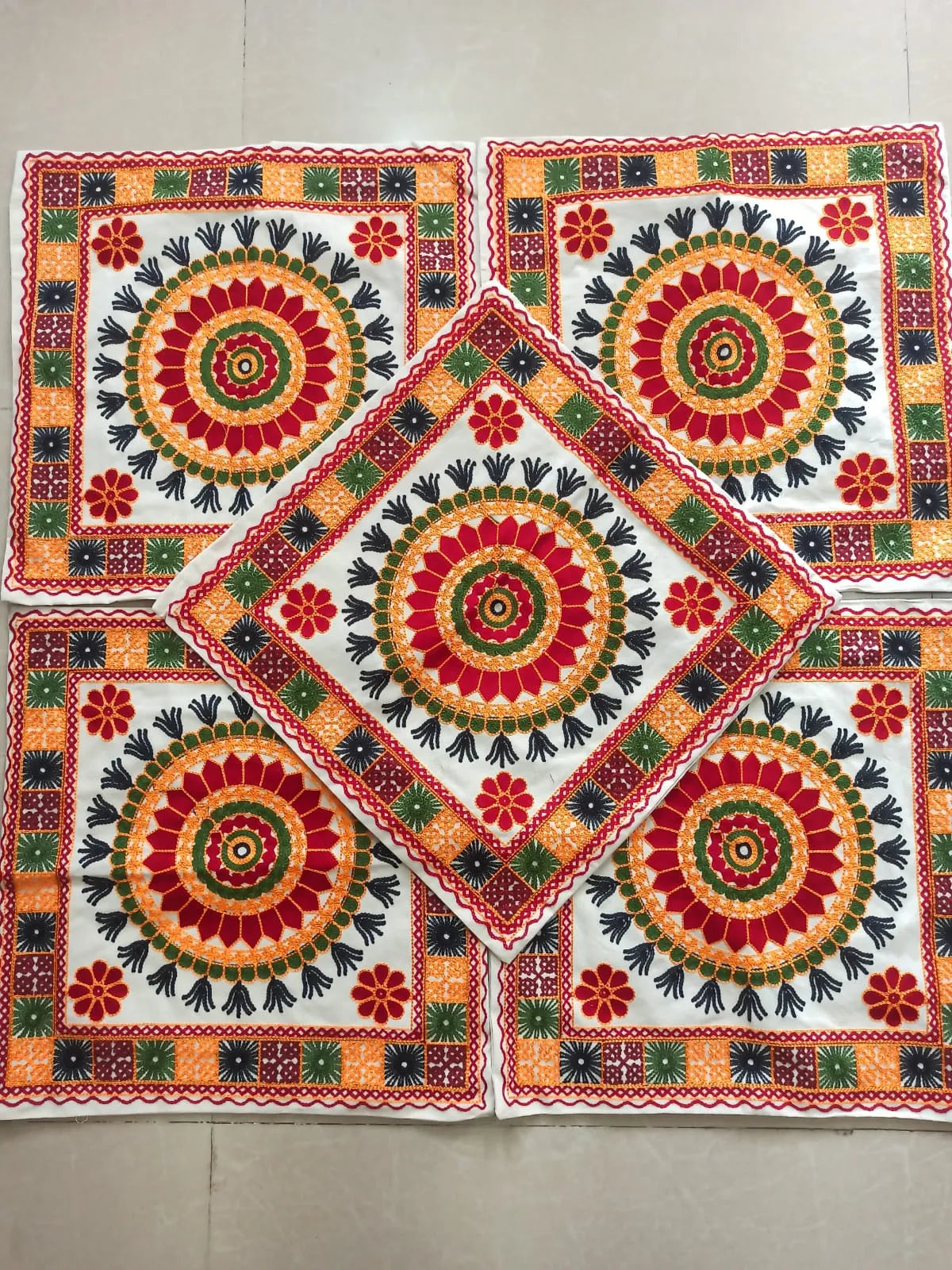 Radiant Mandala Hand-Embroidered Cotton Cushion Cover Set of 5
