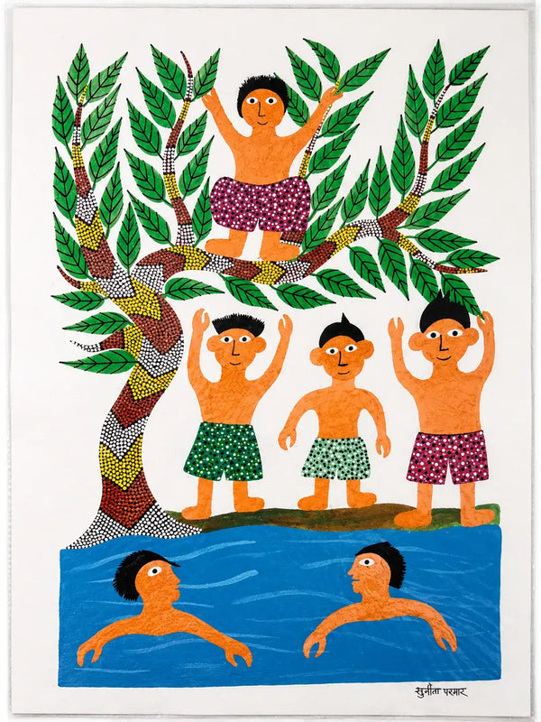 Riverside Play in Bhil Art Painting by Sunita Parmar