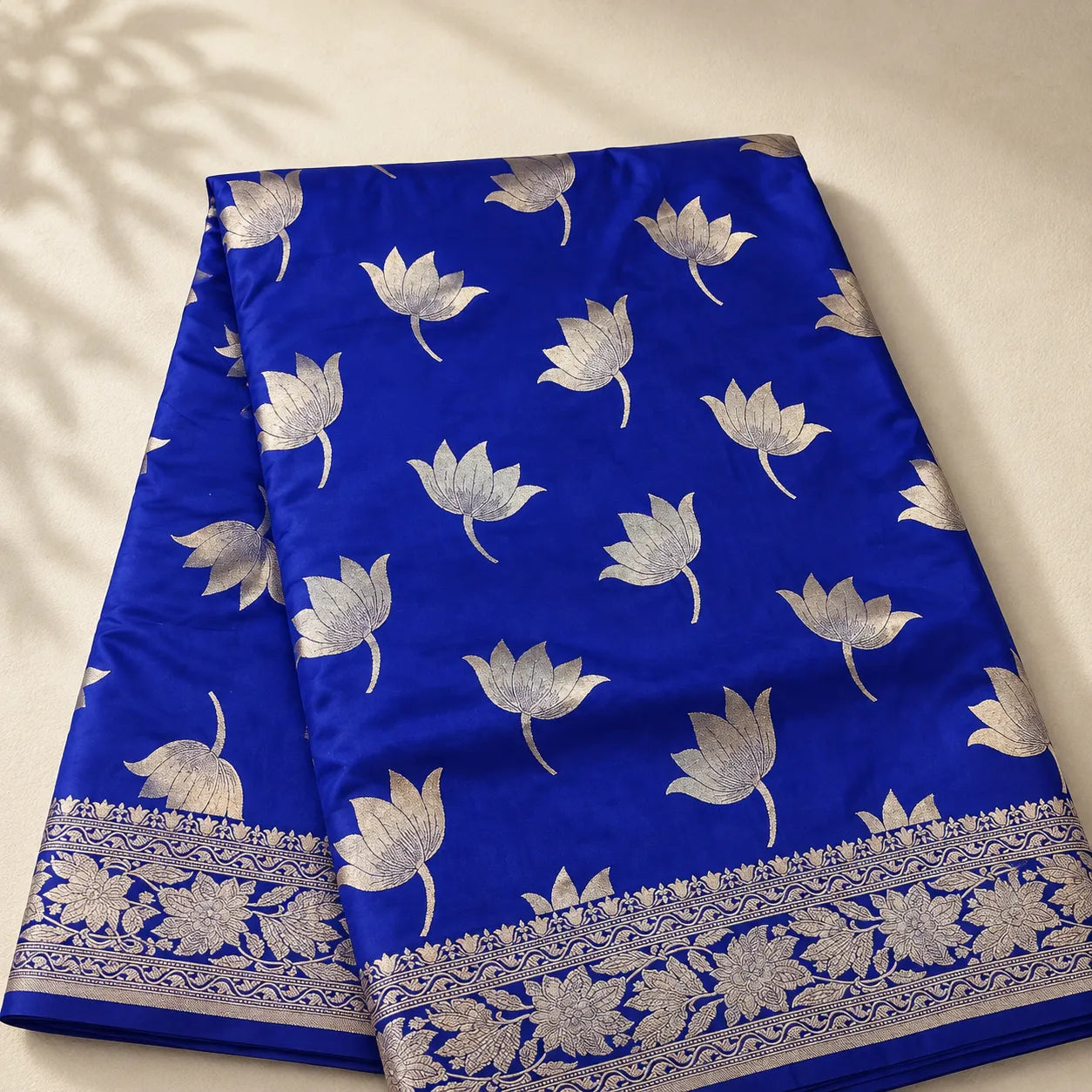 RoyalBlueSilkwithSilverLotusEmbroideryw - Avyaan