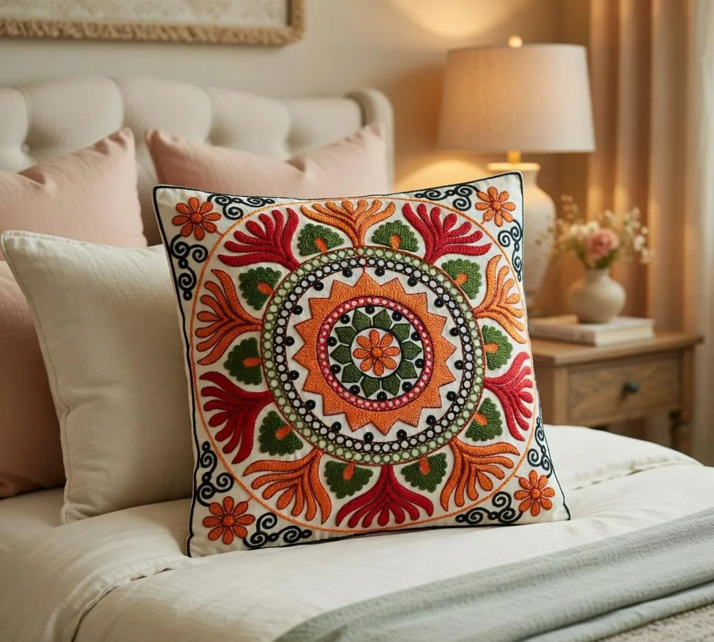 Royal Floral Mandala Hand-Embroidered Cotton Cushion Cover Set of 5