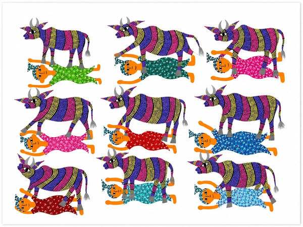 Sacred Cattle in Rhythm in Bhil Art Painting by Sunita Parmar