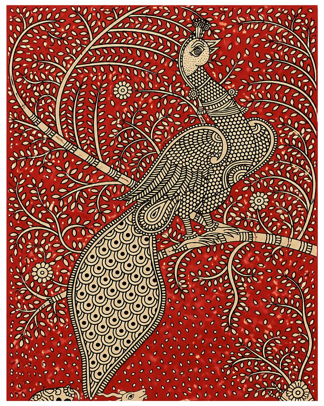 Sacred Peacock Amid Blossoms in Mata Ni Pachedi by Suresh Chitara