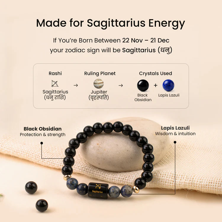 Sagittarius (धनु राशि) Zodiac Black Obsidian & Lapis Lazuli Bracelet