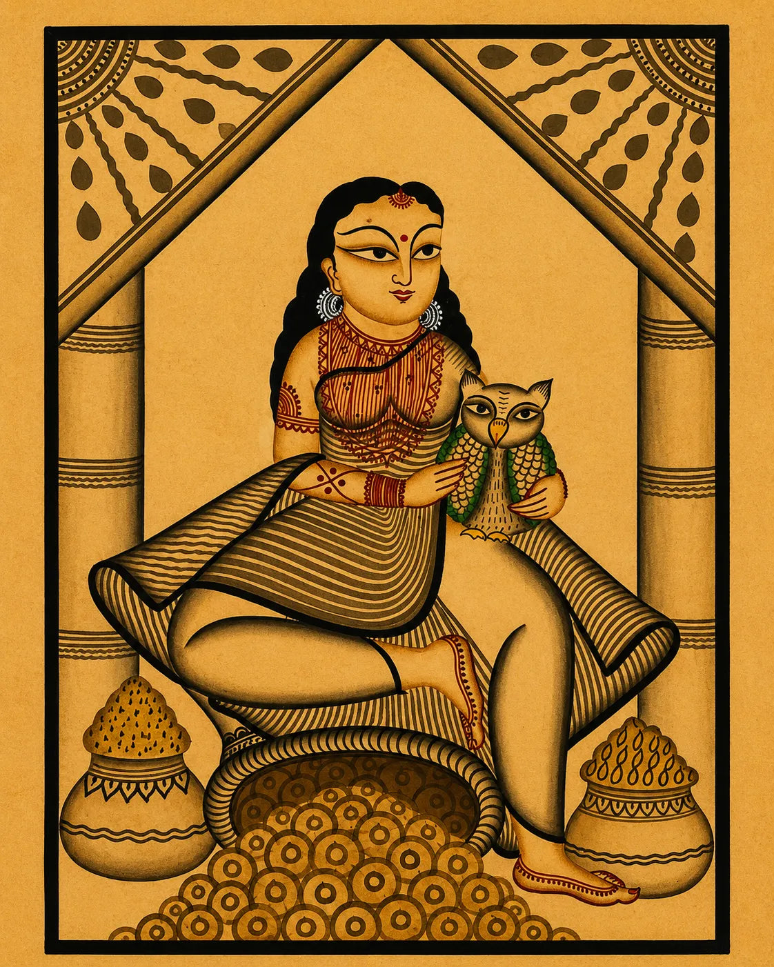 Goddess with Owl and Wealth Pots in Kalighat by Chandan Chitrakar