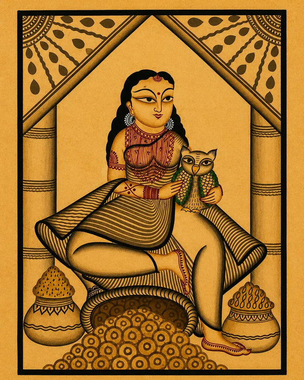 Goddess with Owl and Wealth Pots in Kalighat by Chandan Chitrakar